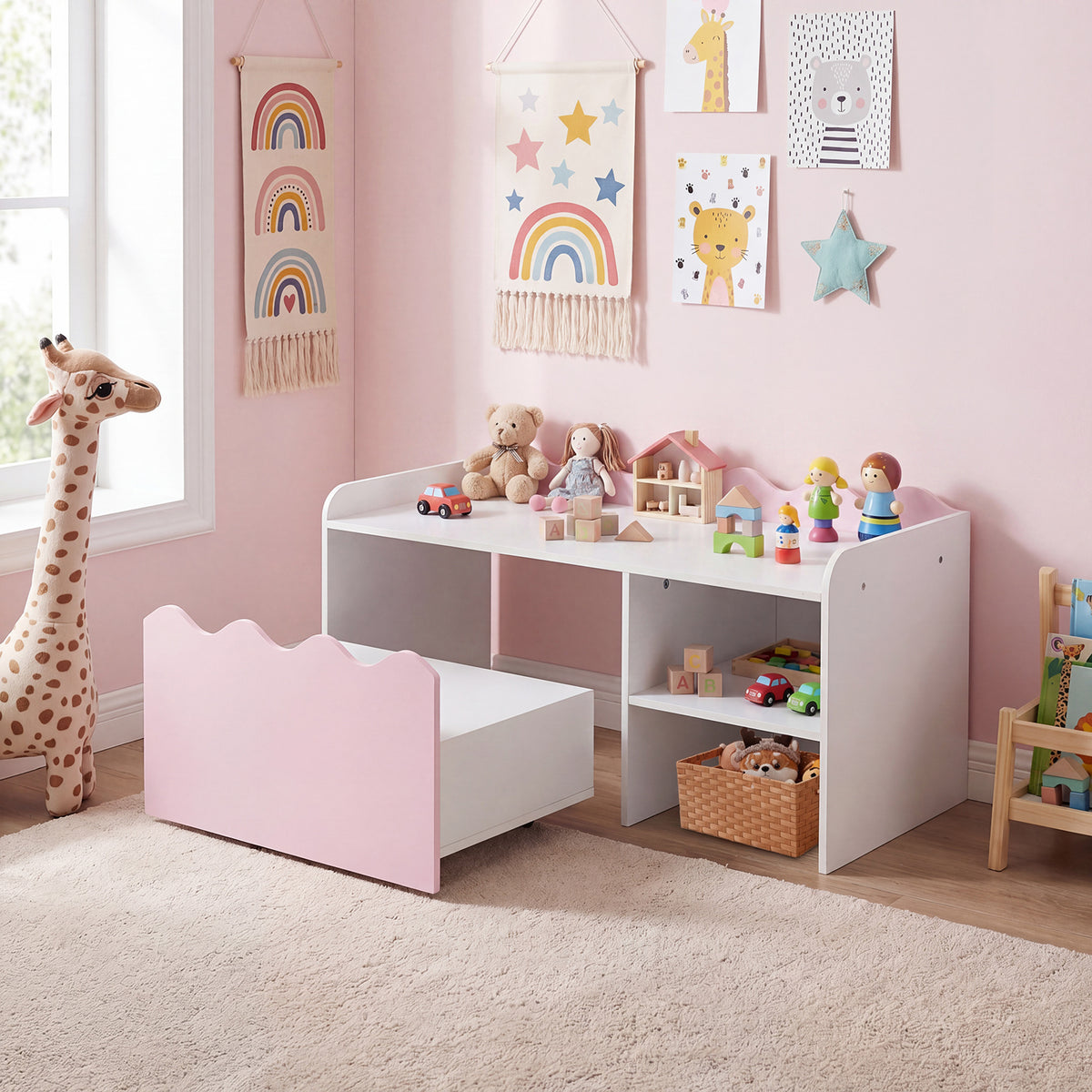 Scalloped Kids Bookshelf with Movable Drawer and Anti-Toppling Kit for Playroom-Pink