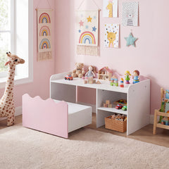 Scalloped Kids Bookshelf with Movable Drawer and Anti-Toppling Kit for Playroom-Pink