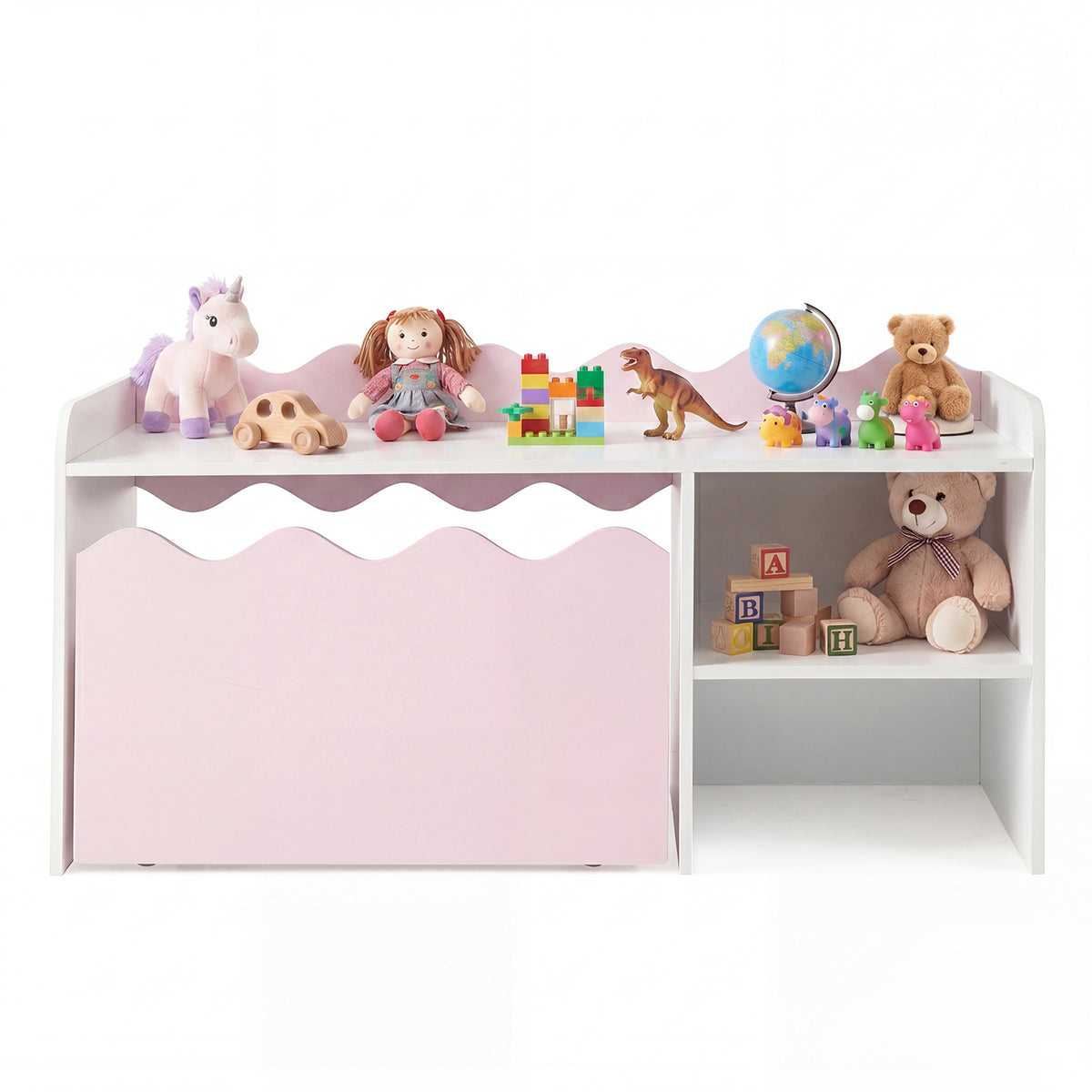 Scalloped Kids Bookshelf with Movable Drawer and Anti-Toppling Kit for Playroom-Pink