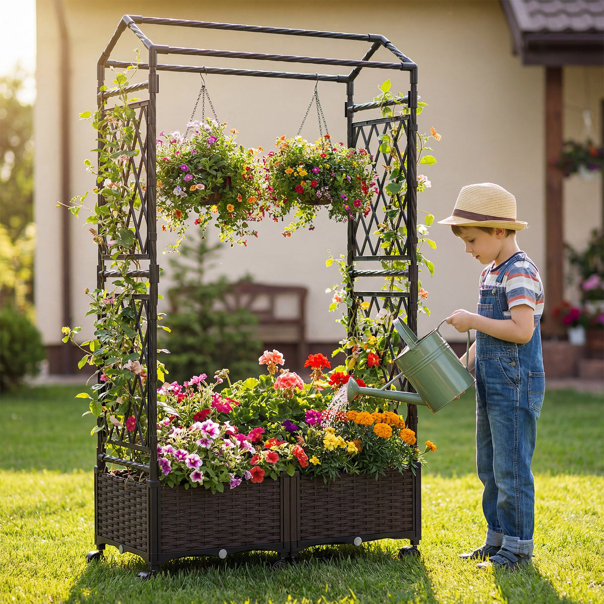 Self-Watering Planter Boxes with Lattice Trellis and Roof for Climbing Vine-Brown