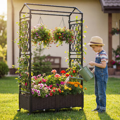 Self-Watering Planter Boxes with Lattice Trellis and Roof for Climbing Vine-Brown