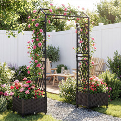Self-Watering Planter Boxes with Lattice Trellis and Roof for Climbing Vine-Brown