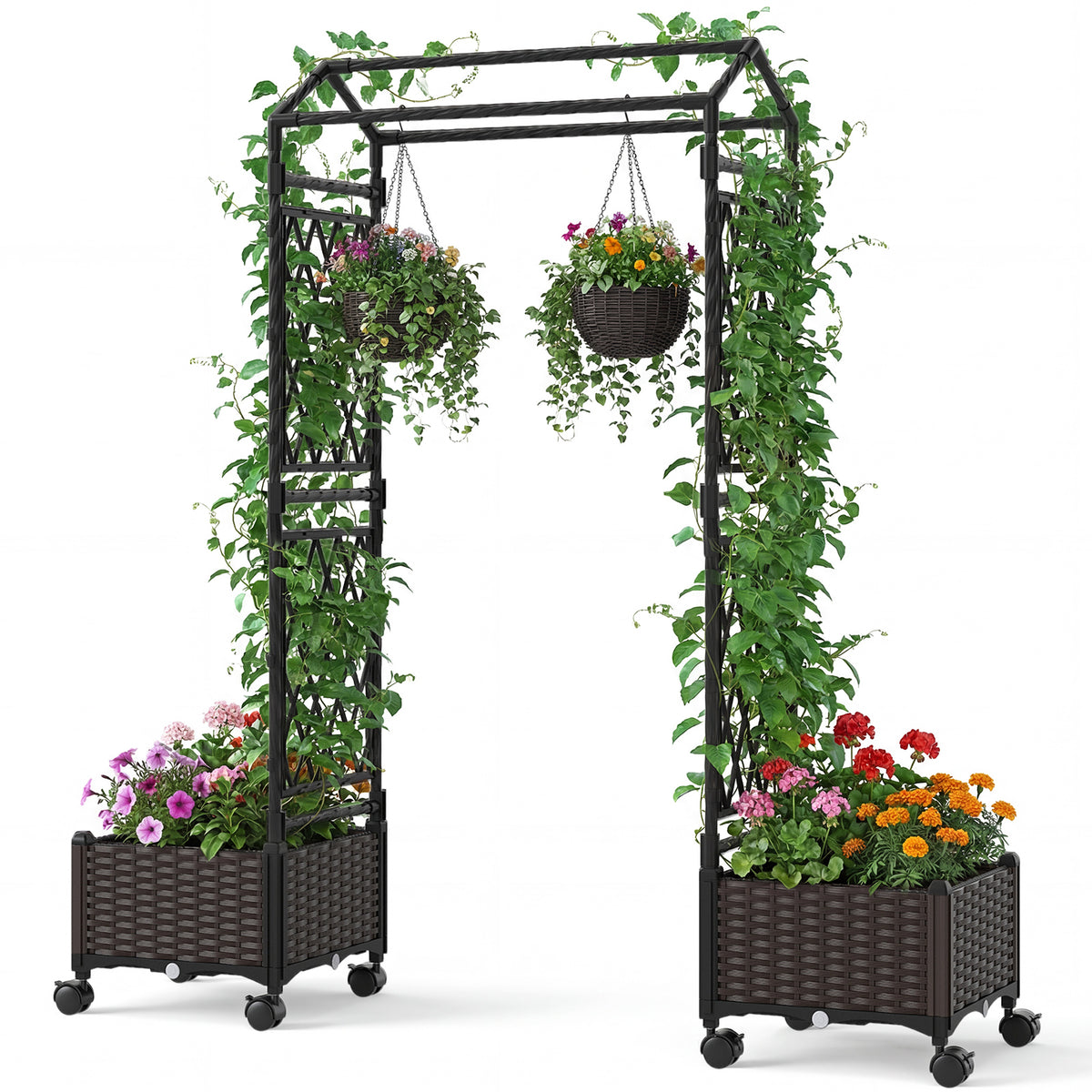 Self-Watering Planter Boxes with Lattice Trellis and Roof for Climbing Vine-Brown
