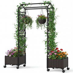 Self-Watering Planter Boxes with Lattice Trellis and Roof for Climbing Vine-Brown