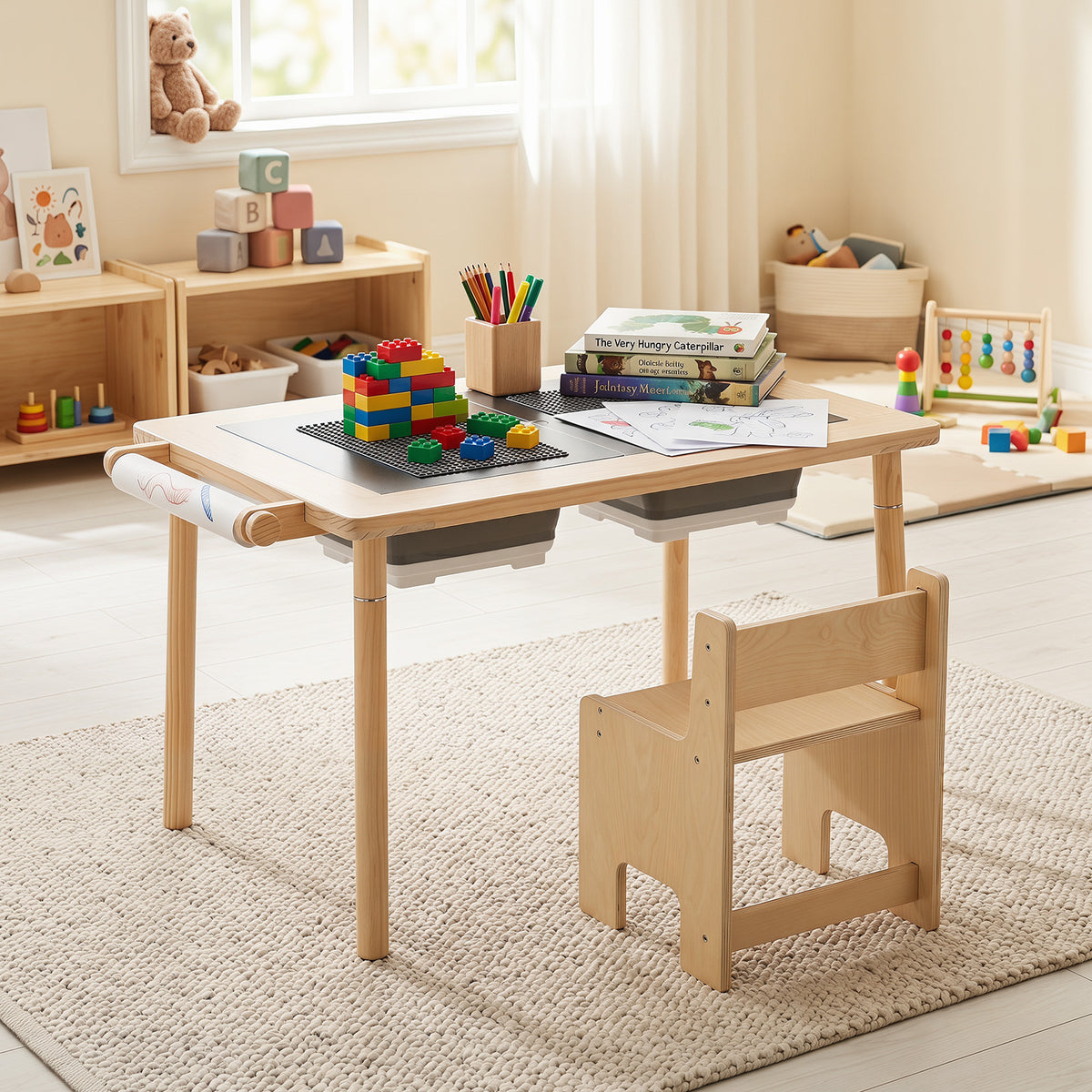 Sensory Table Set Kids Activity Table and Chair Set with Adjustable Height-Natural