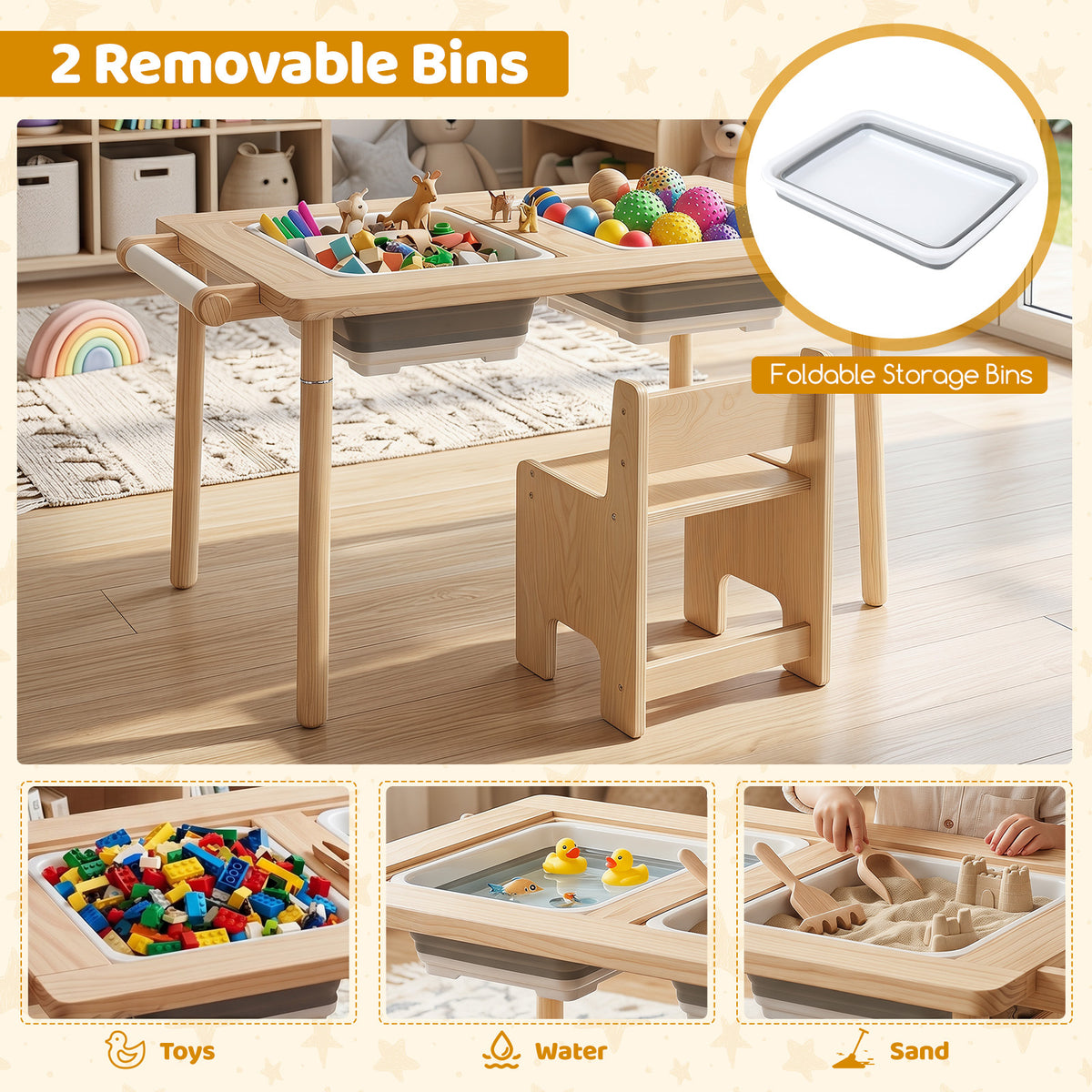 Sensory Table Set Kids Activity Table and Chair Set with Adjustable Height-Natural