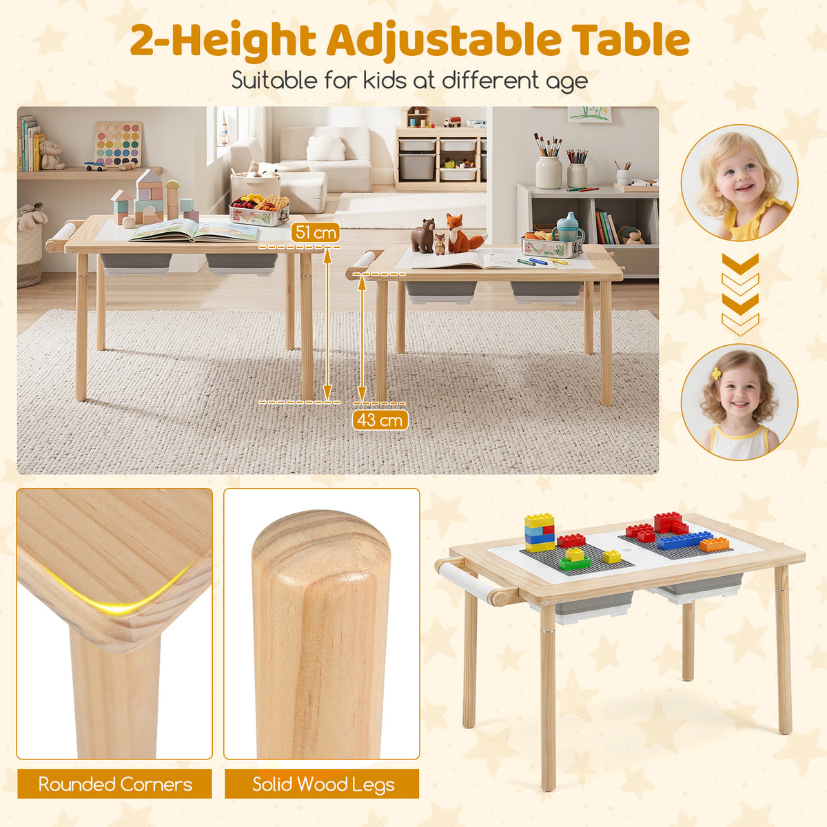 Sensory Table Set Kids Activity Table and Chair Set with Adjustable Height-Natural