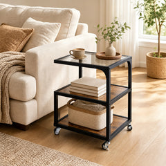 Set of 1 3‑Tier Mobile Side Table with Glass Top Rolling Open‑Corner Table-Rustic Brown