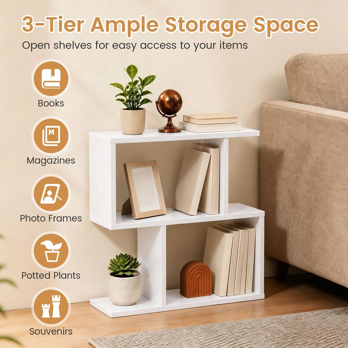 Set of 1 Decorative Storage Shelf Featuring Open Layout and Non-Slip Foot Pads-White