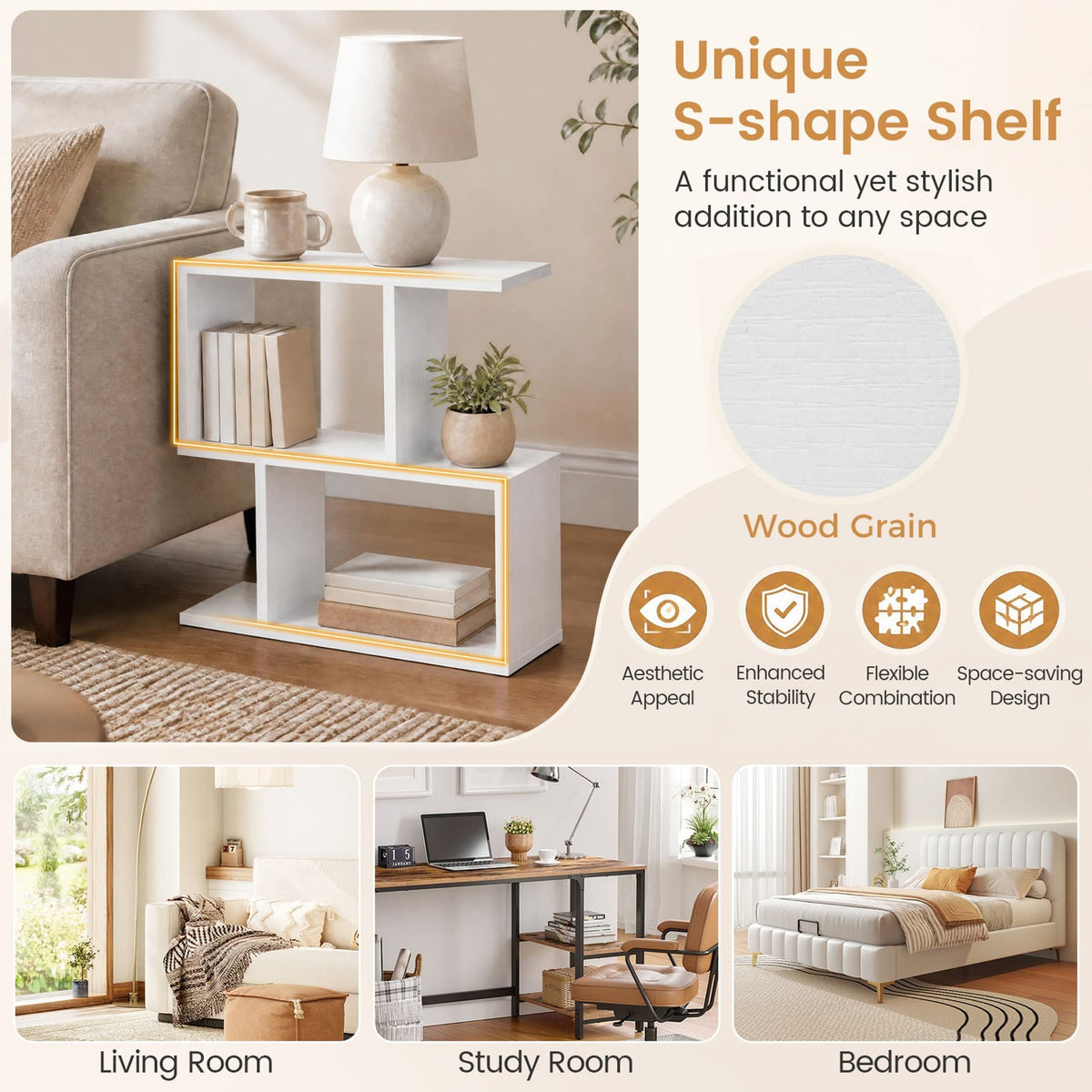 Set of 1 Decorative Storage Shelf Featuring Open Layout and Non-Slip Foot Pads-White