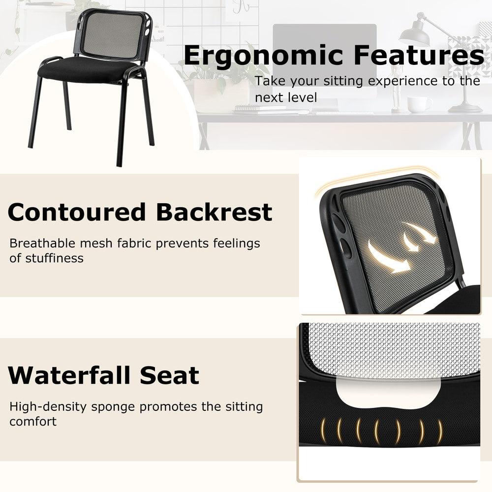 The office chairs highlighted with text boxes explaining the mesh back and seat comfort