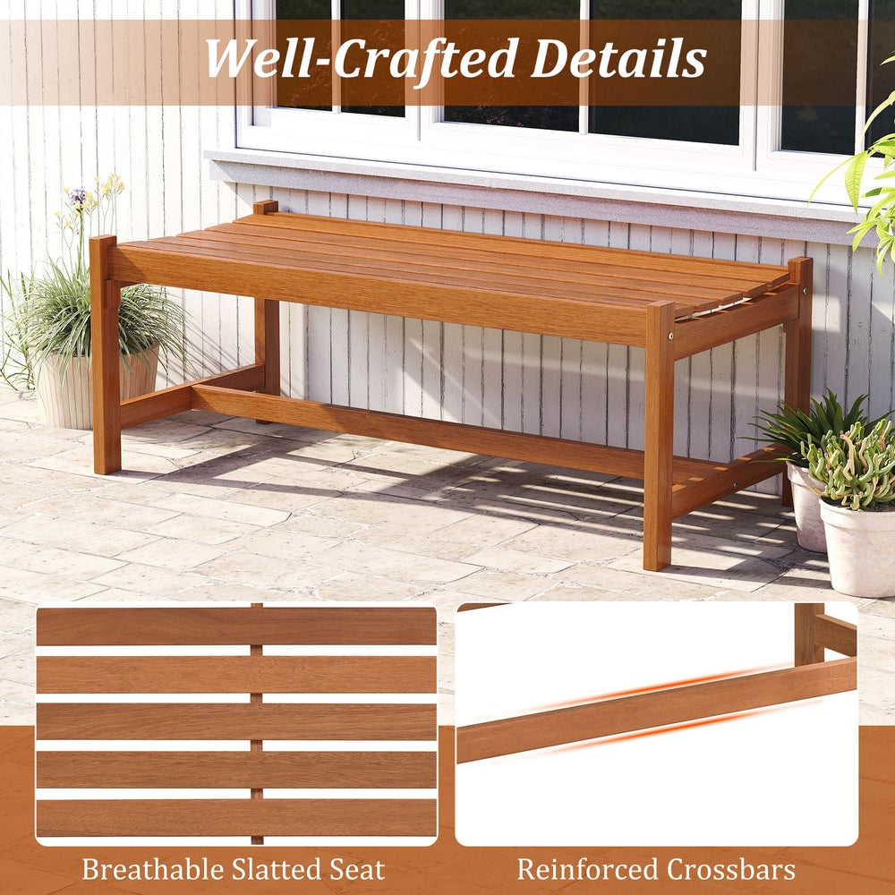 The outdoor benches on a patio with insets showing the slatted seat and crossbar support