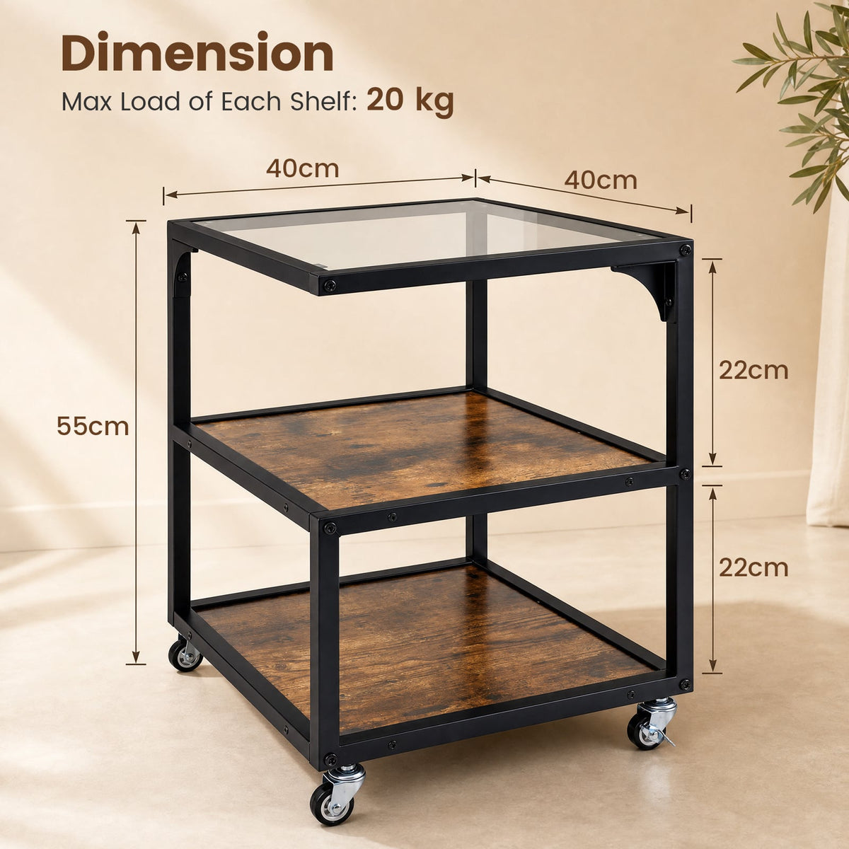 Set of 2 3‑Tier Mobile Side Table with Glass Top Rolling Open‑Corner Table-Rustic Brown