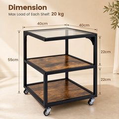 Set of 2 3‑Tier Mobile Side Table with Glass Top Rolling Open‑Corner Table-Rustic Brown