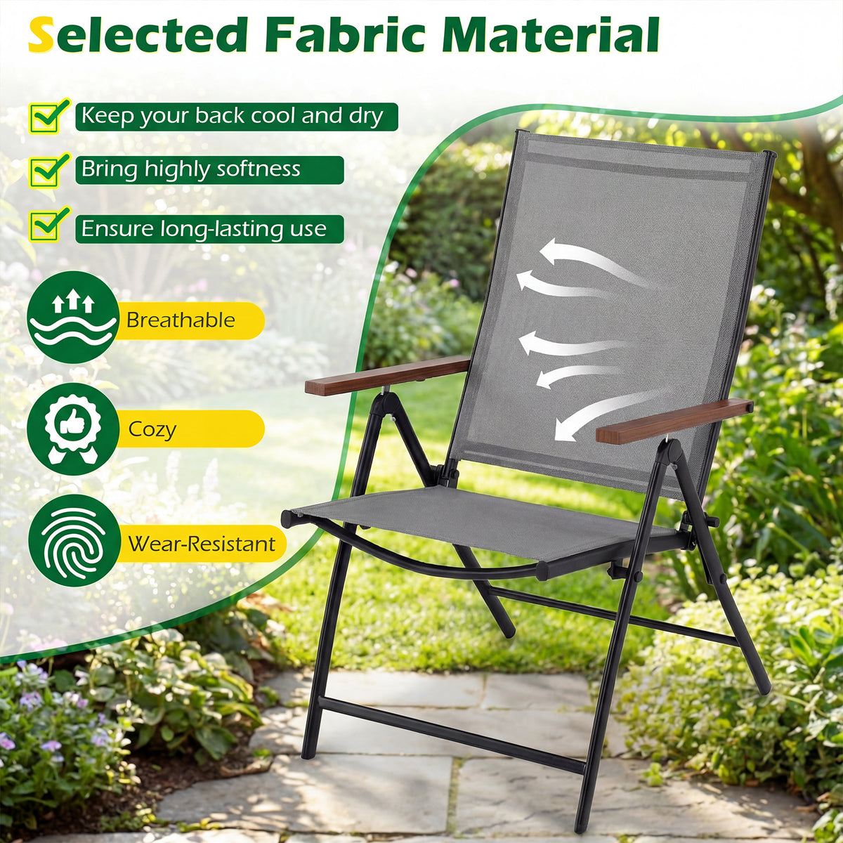 Set of 2/4 Breathable Fabric Folding Patio Chairs with 5-Position Adjustable Backrests-Grey