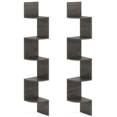 Two grey 5-tier corner shelves mounted on a plain background