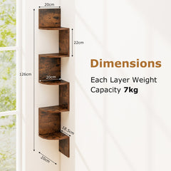 Rustic brown 5-tier corner shelf unit shown in a room with decorative items