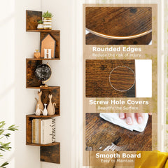 Close up of the rustic brown finish and rounded edges of a corner shelf