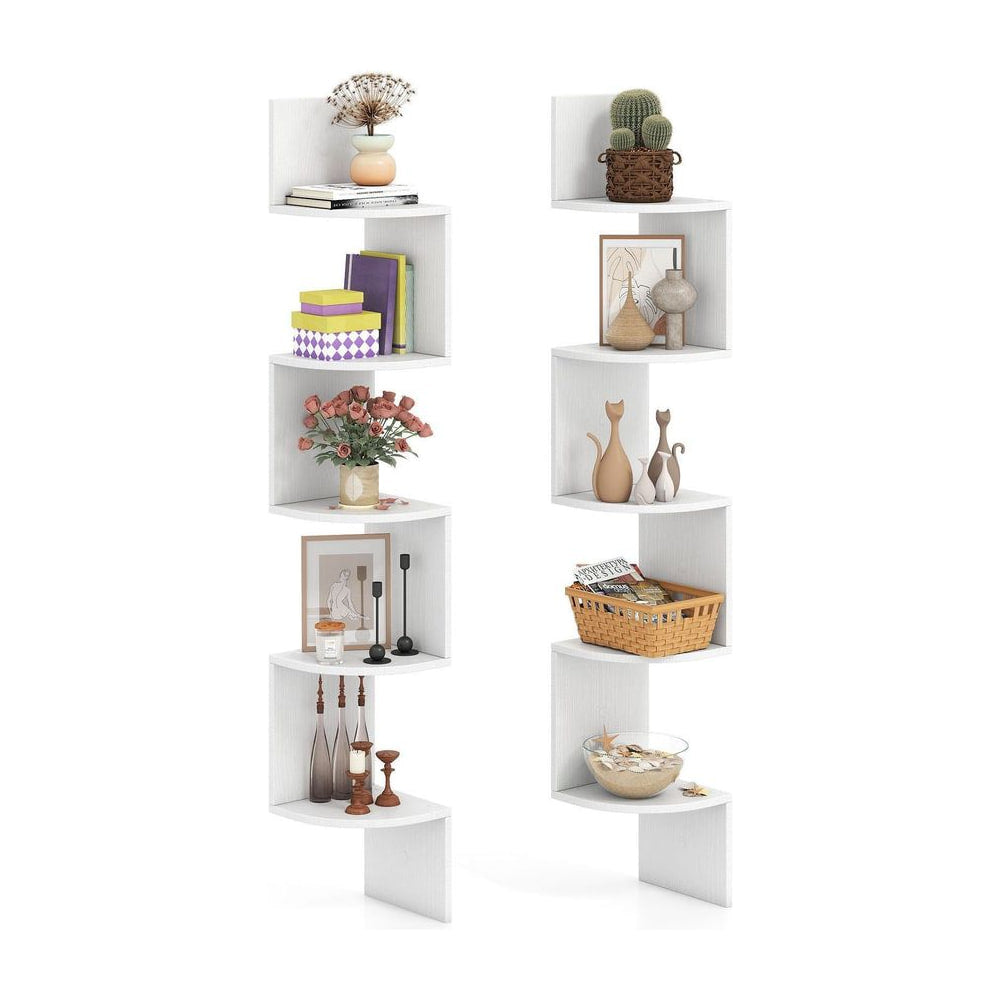 Set of 2 5-Tier Corner Shelf wall mounted floating corner bookshelves in white