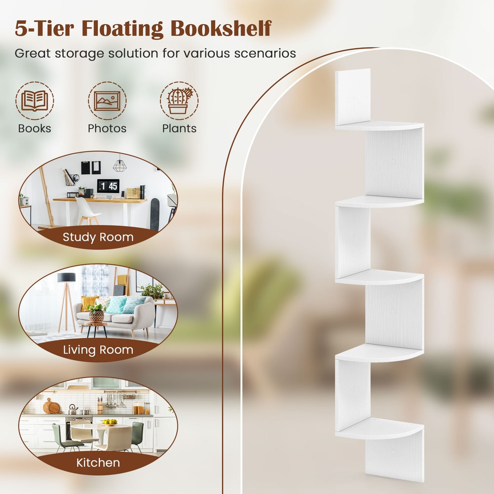 White corner shelf shown in study, living room and kitchen settings