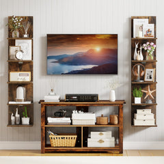 Two rustic brown wall shelves are displayed in a living room setting with a TV and console