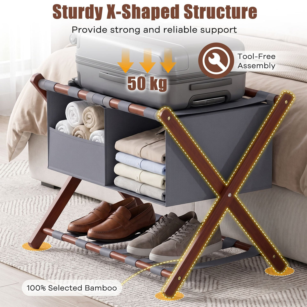 68 cm Foldable Bamboo Luggage Rack