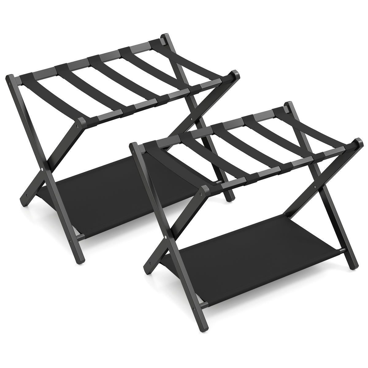 Set of 2 Bamboo Luggage Racks with Nylon Straps and Oxford Cloth Storage Shelves-Black