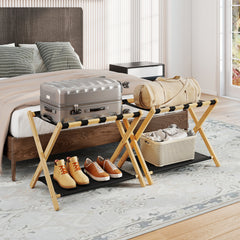 Set of 2 Bamboo Luggage Racks with Nylon Straps and Oxford Cloth Storage Shelves-Natrual