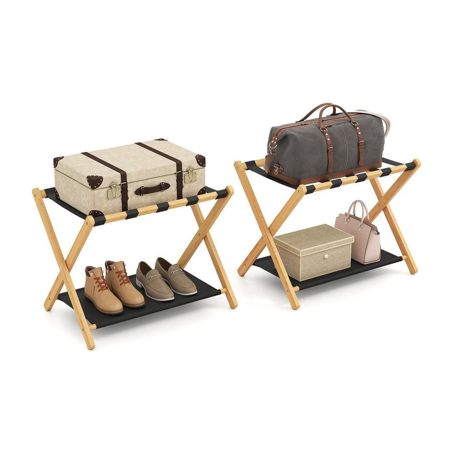 Set of 2 Bamboo Luggage Racks holding suitcases, bags and pairs of shoes on a white background