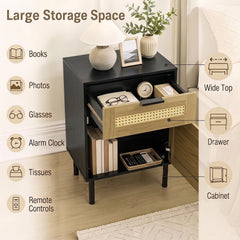Set of 2 Bedside Table with Rattan-decorated Storage Drawer and Door Metal Legs-Black