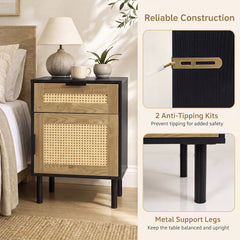 Set of 2 Bedside Table with Rattan-decorated Storage Drawer and Door Metal Legs-Black