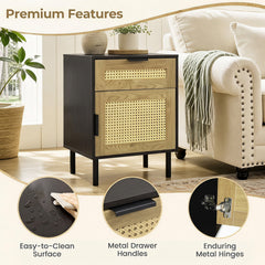 Set of 2 Bedside Table with Rattan-decorated Storage Drawer and Door Metal Legs-Black