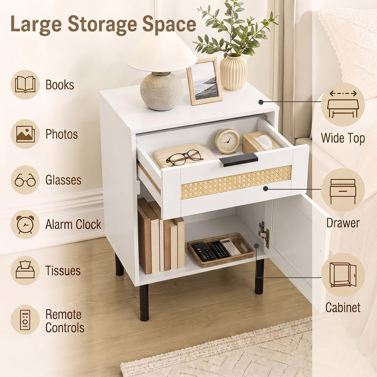 Set of 2 Bedside Table with Rattan-decorated Storage Drawer and Door Metal Legs-White