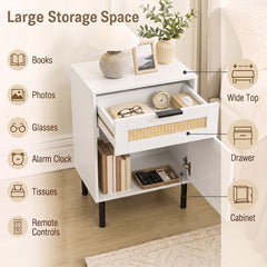 Set of 2 Bedside Table with Rattan-decorated Storage Drawer and Door Metal Legs-White
