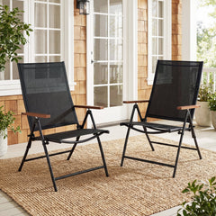 Set of 2 Breathable Fabric Folding Patio Chairs with 5-Position Adjustable Backrests-Black