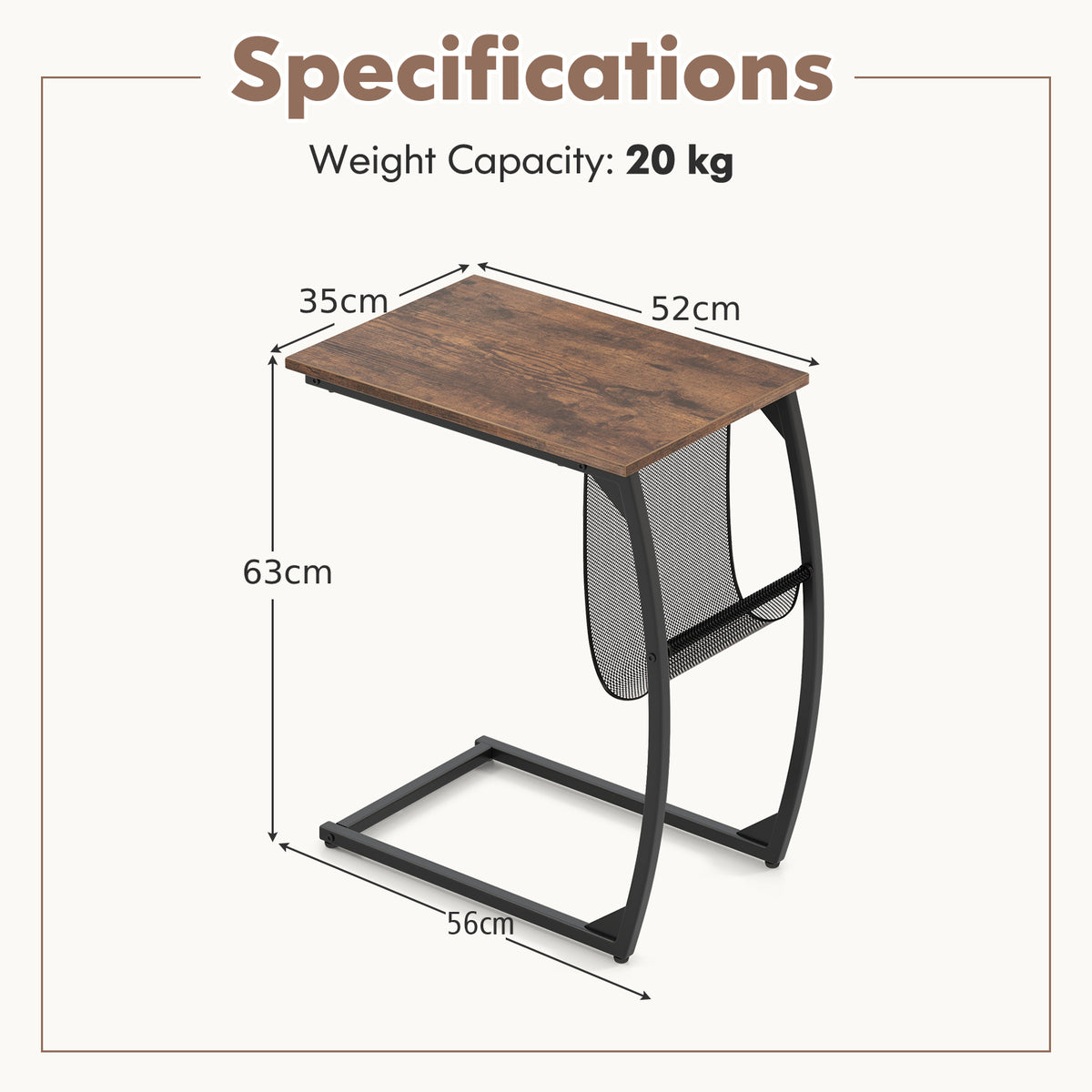 Specifications diagram for the compact sofa side snack table with dimensions