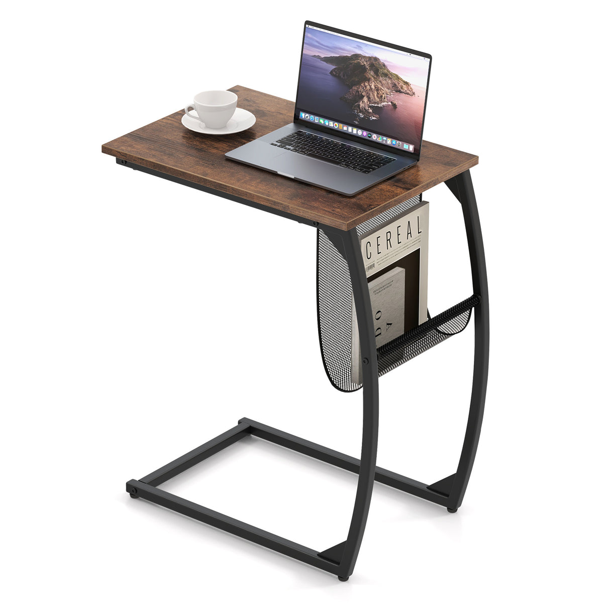 C-shaped sofa side snack table with a laptop, cup and magazine in the holder