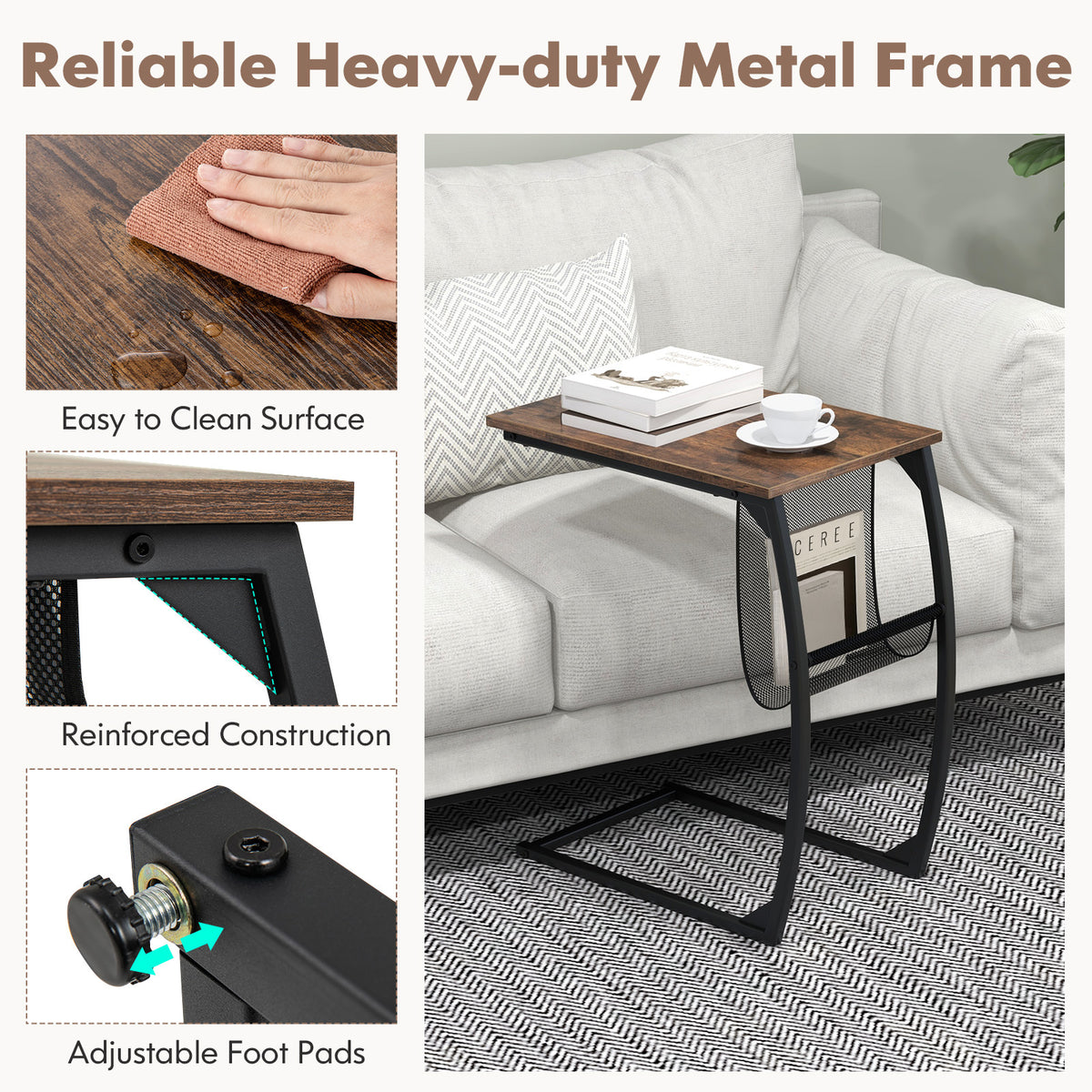Close up of the compact sofa side snack table showing construction details