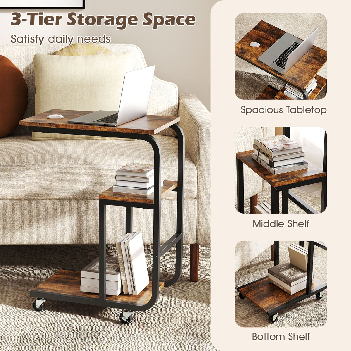 Set of 2 C-shaped End Table in Rustic Brown, image 4