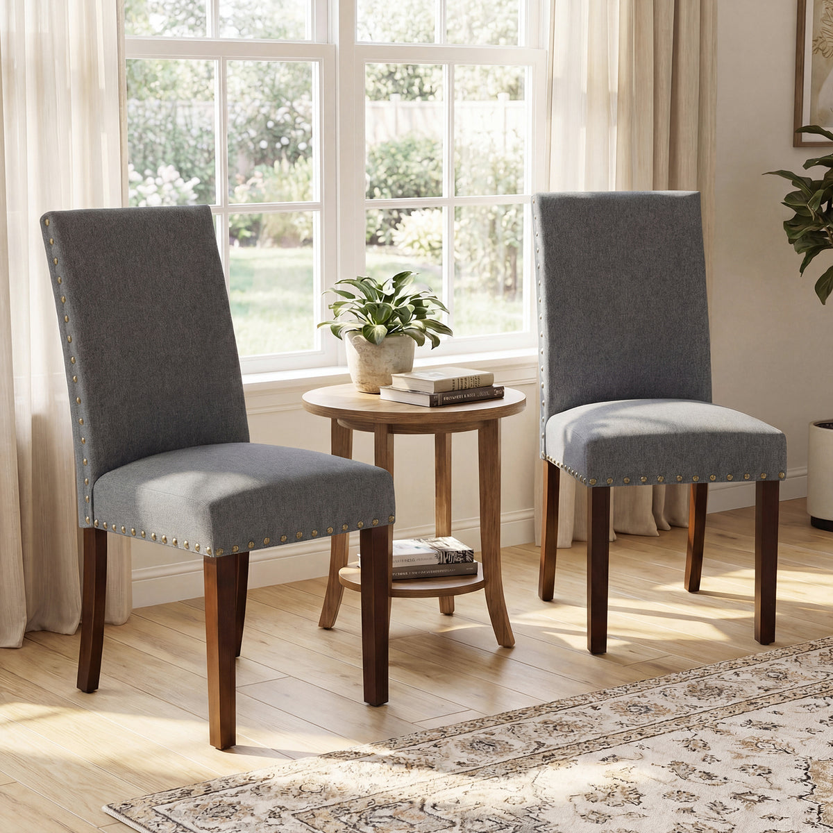 Set of 2 Dining Chairs with High Back, and Solid Rubber Wood Legs-Grey