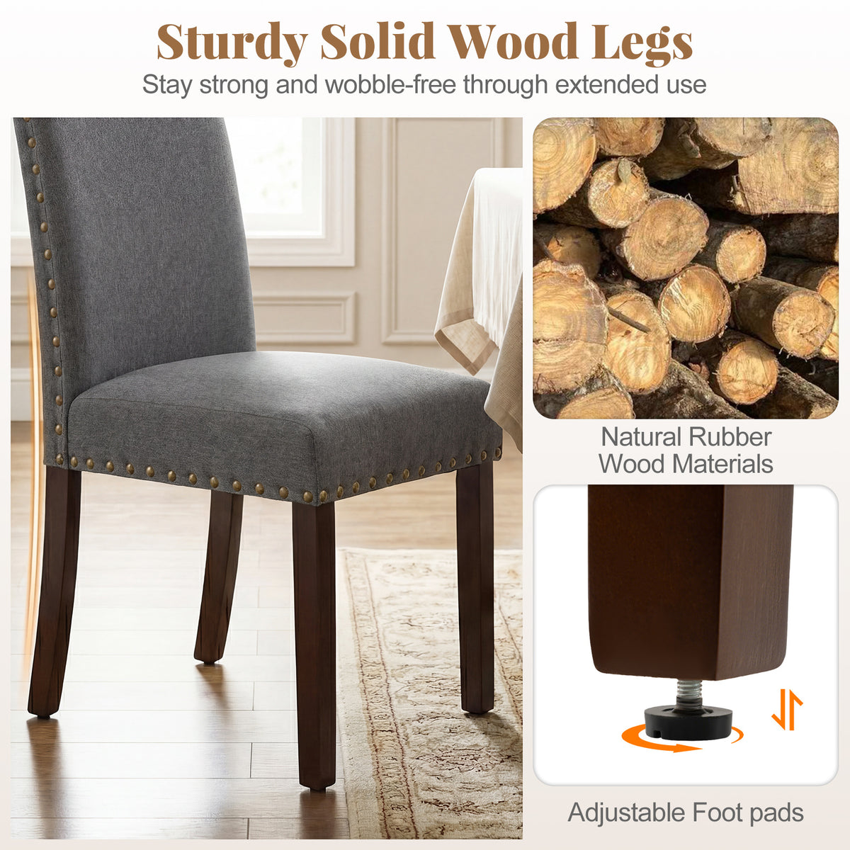 Set of 2 Dining Chairs with High Back, and Solid Rubber Wood Legs-Grey