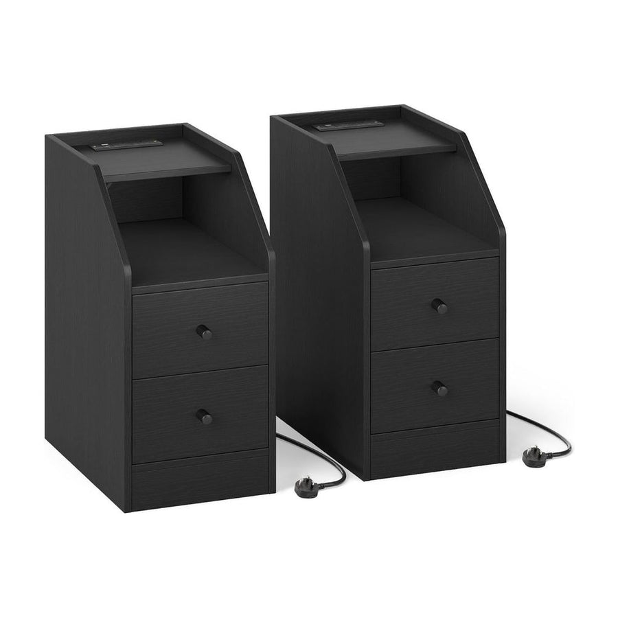 Set of 2 End Table with Charging Station and Storage Drawers for Small Space-Black