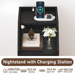 The top shelf of the side table with a phone and watch charging on the integrated station