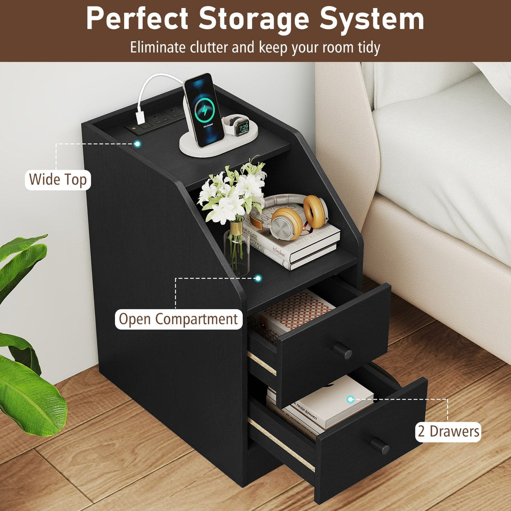 The side table with two drawers pulled open to show storage space and open compartment
