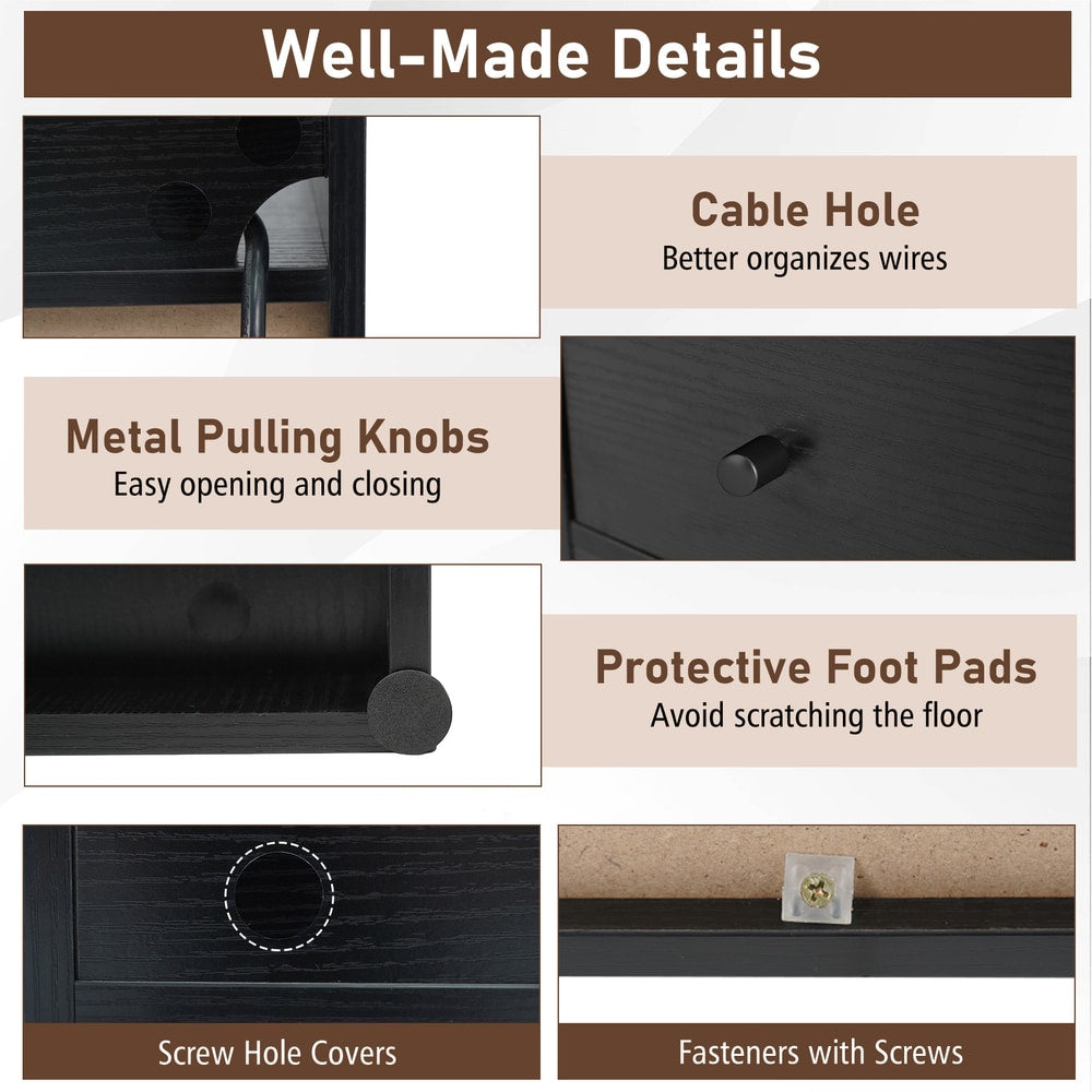 The side table showing construction details like cable holes, metal knobs and foot pads