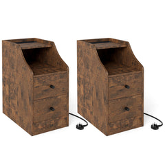 Pair of rustic brown end tables with drawers and charging ports, shown from the front