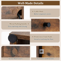 Close up details of the rustic brown end table including cable hole and drawer knobs