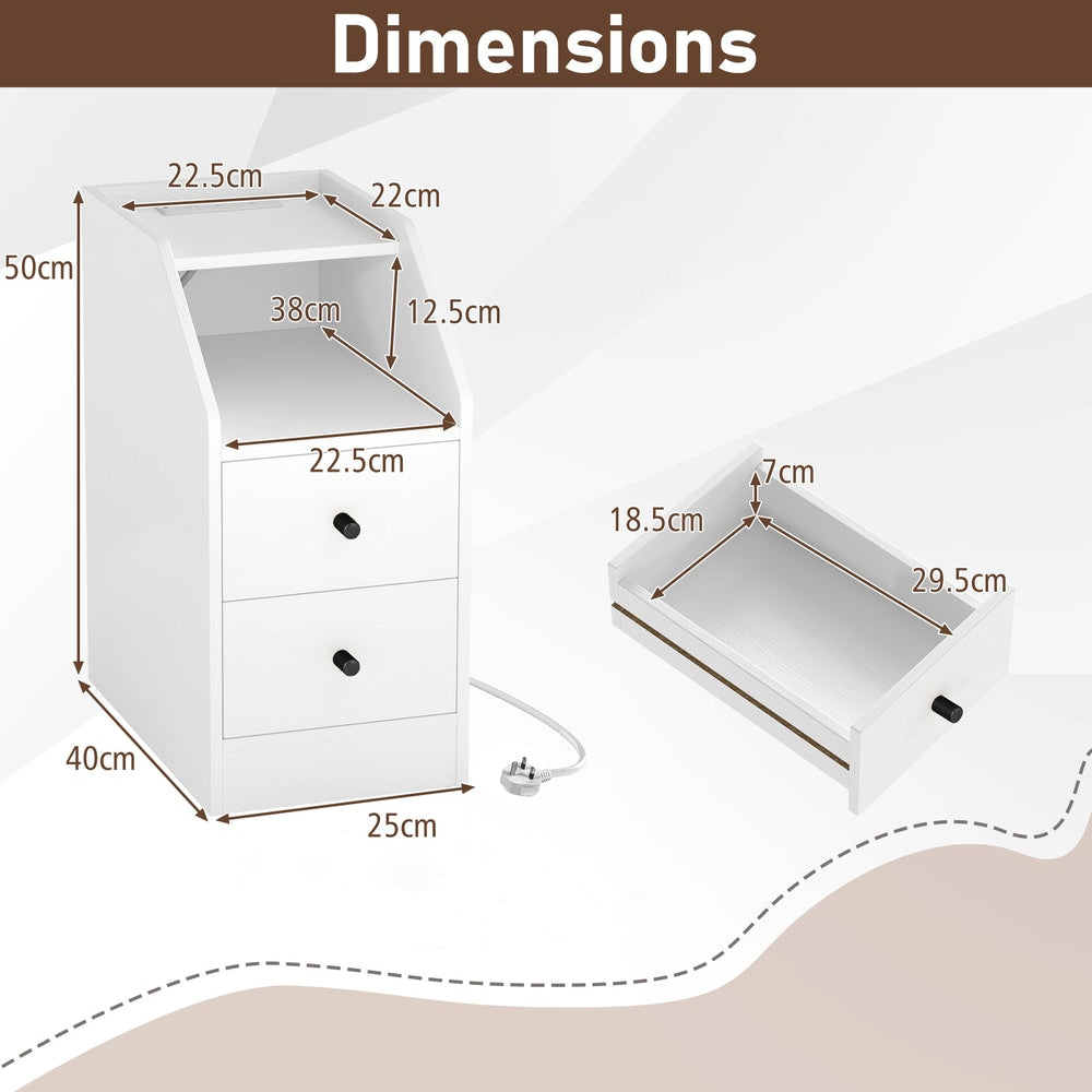 The white end table showing external dimensions and a detached drawer with measurements