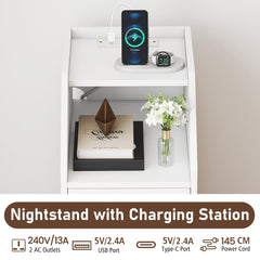 The white end table top showing the integrated charging station with USB and power ports