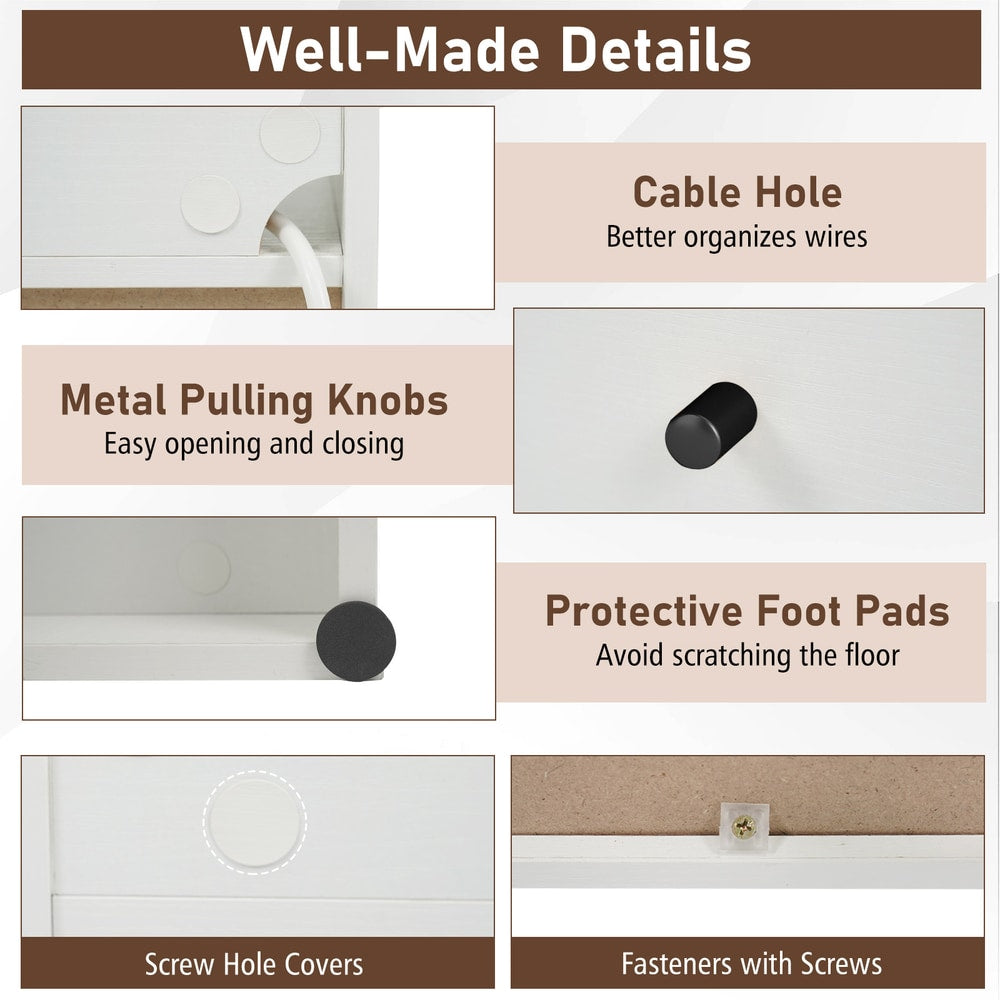 The white end table showing close-up details of the cable hole, knobs and foot pads